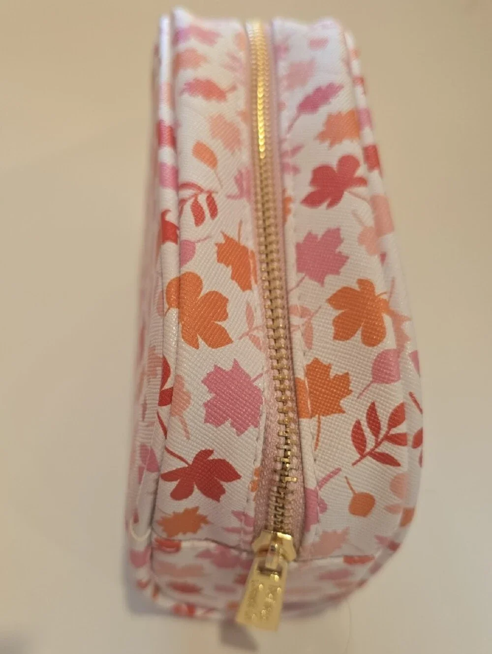Leaf-Print Cosmetic Pouch — Pink & Orange